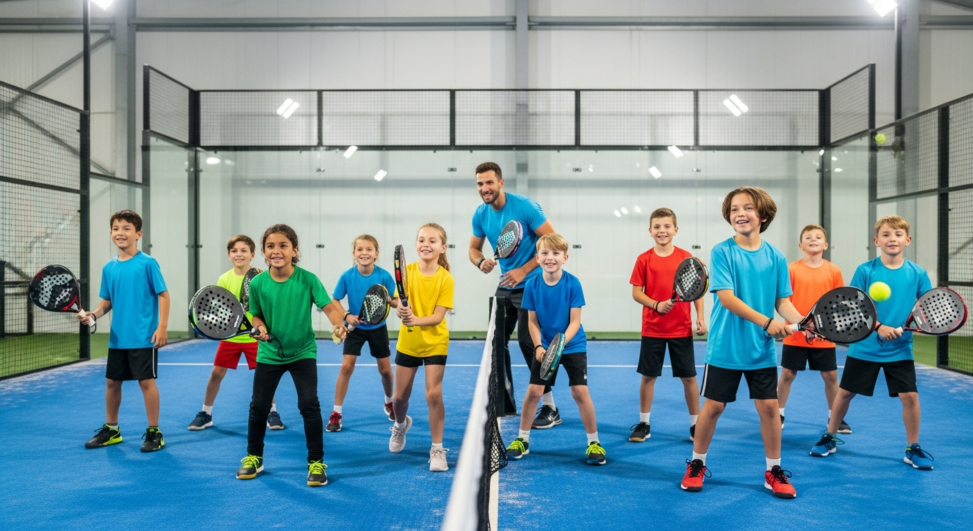 Bambini che imparano a giocare a padel con divertimento